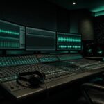 Estúdio profissional de áudio com mesa de mixagem representando o que é produção musical