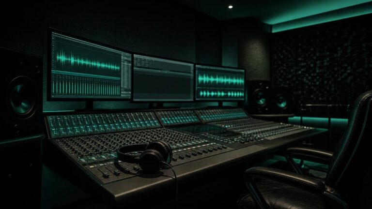 Estúdio profissional de áudio com mesa de mixagem representando o que é produção musical
