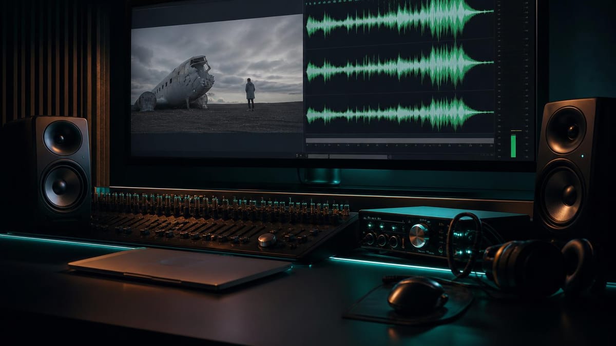 Ambiente de pós-produção unindo produção musical e audiovisual com edição de cena e áudio sobre o que é produção musical